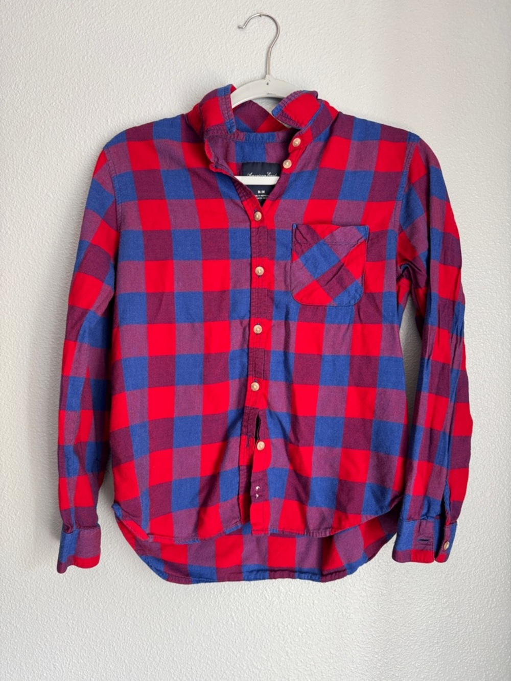 American Eagle Outfitters Red and Blue Plaid Button-Down Shirt